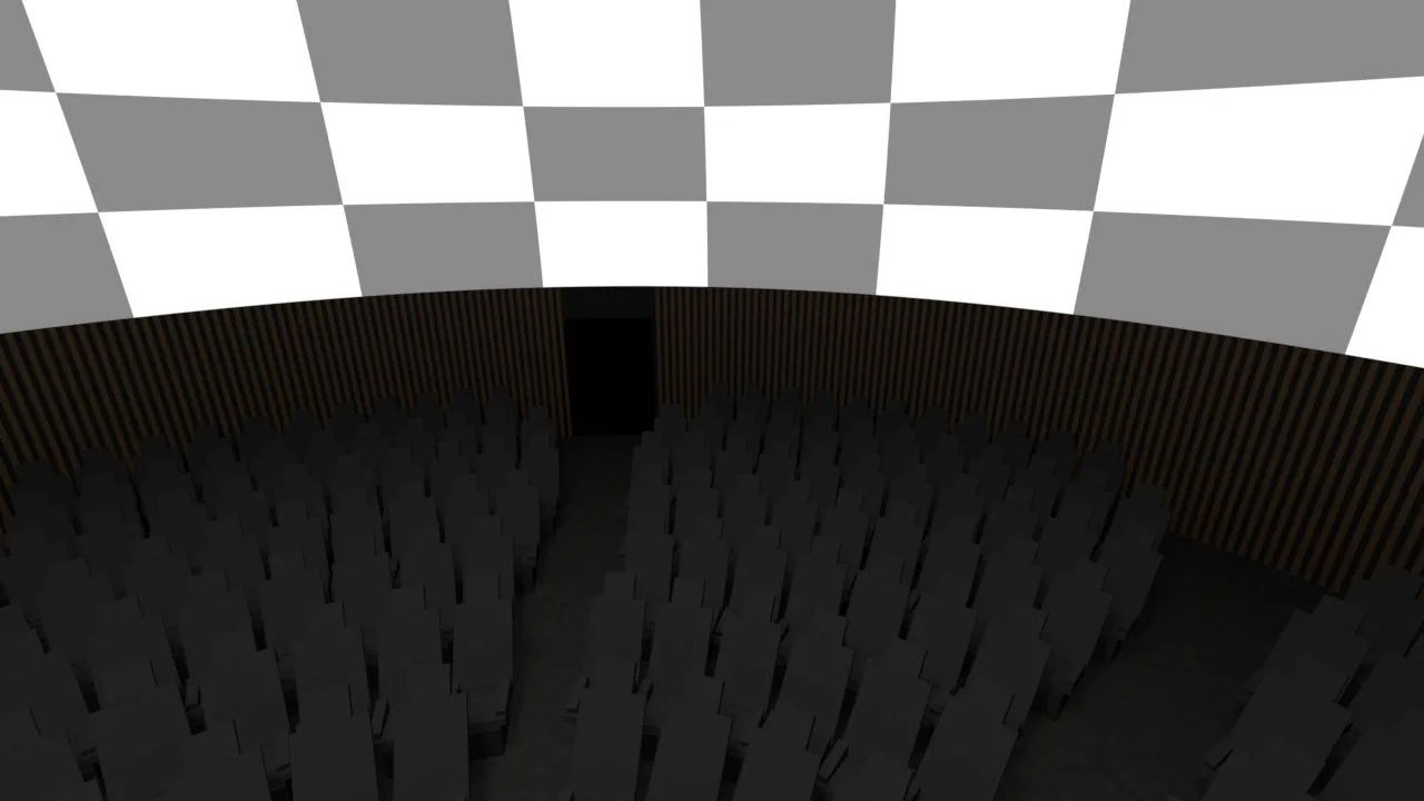 Render en Blender de la sala de planetario: cúpula con un damero gris y blanco, pared de listones de madera con la puerta al fondo y filas de butacas reclinadas en penumbra.