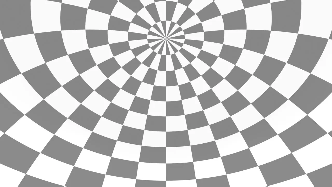 Render en Blender desde una butaca: el damero de la cúpula converge en el cénit, que queda un poco adelante del espectador.