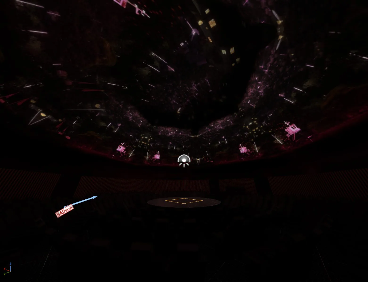 Vista lateral desde una butaca de la sala virtual, con fotogramas de Planet City de Liam Young en adaptación al domo en curso por David: la corona sube por el borde de la cúpula y las butacas quedan a oscuras. Captura del editor de Unreal Engine, con sus marcas de trabajo.