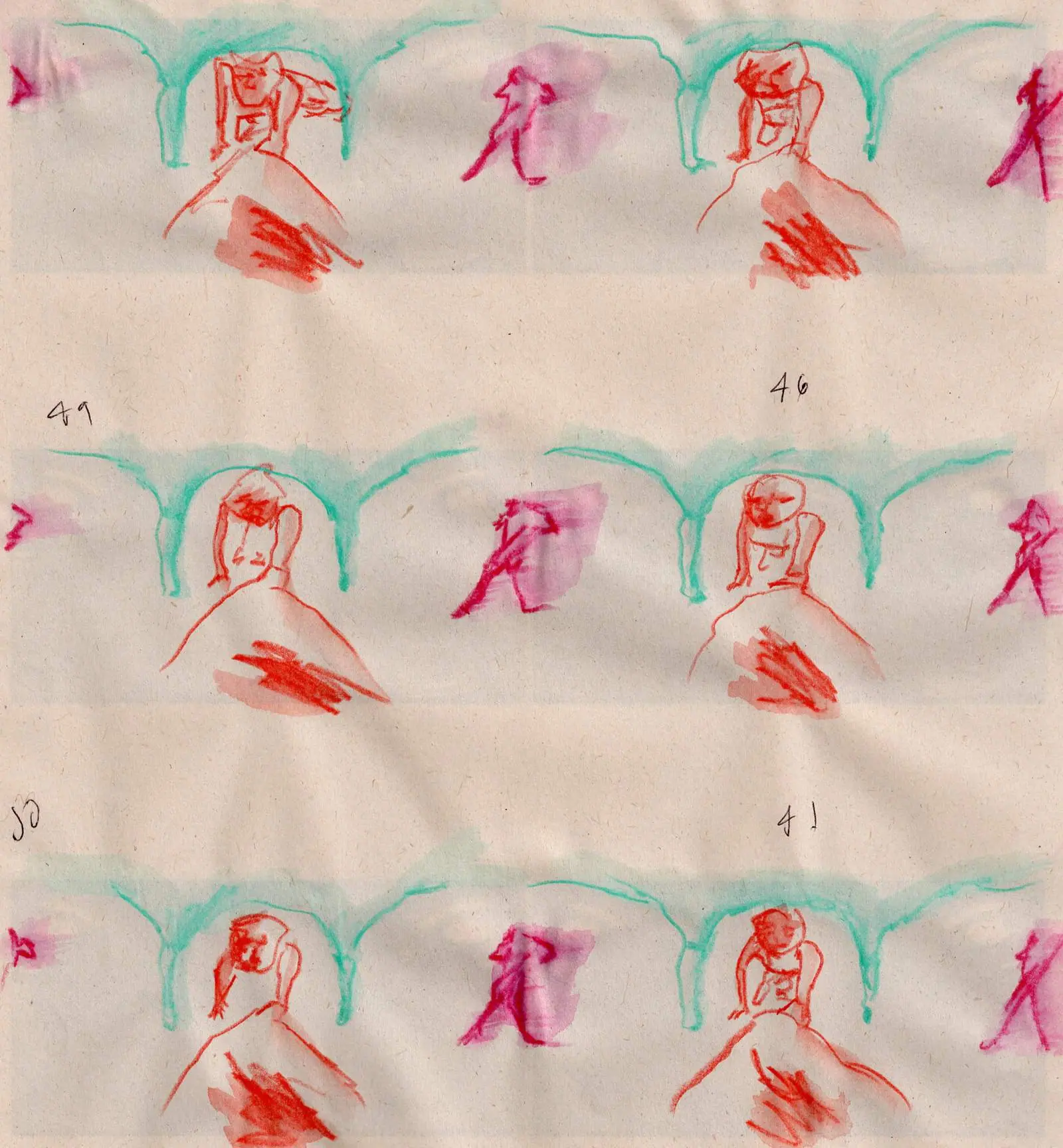 Foglio di carta con dodici schizzi numerati in rosso, rosa e verde acqua: figure rotoscopiate che si ripetono con piccole variazioni