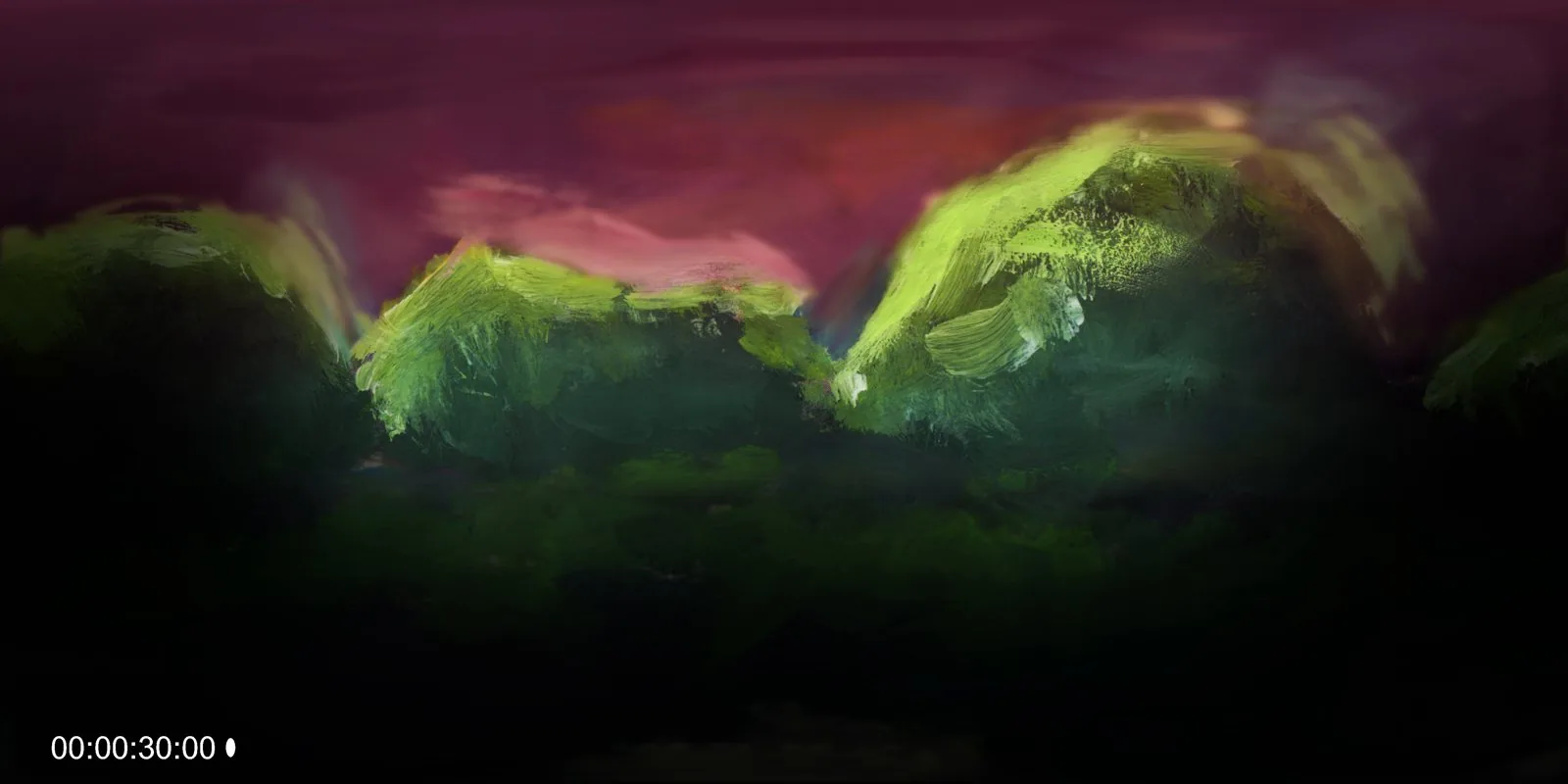 Fotogramma 360 del montaggio finale: colline dipinte in verde e giallo contro un cielo viola, con il suolo in ombra