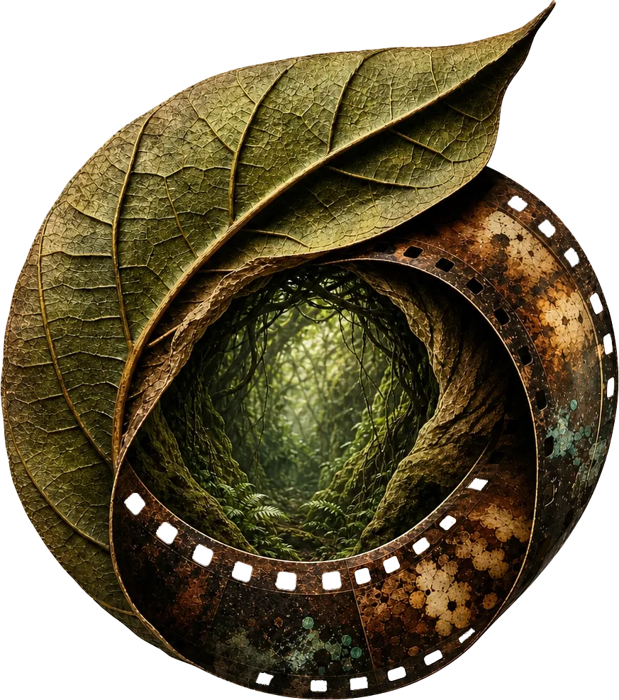 Identidad visual de La Caverna del Ojo: composición circular con hoja, tira de película y caverna selvática
