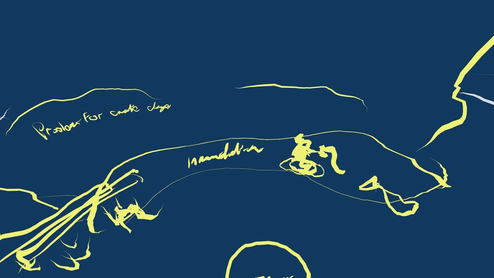 Boceto amarillo sobre fondo azul: el perfil de una cordillera trazado de un solo gesto, con anotaciones a mano alzada.