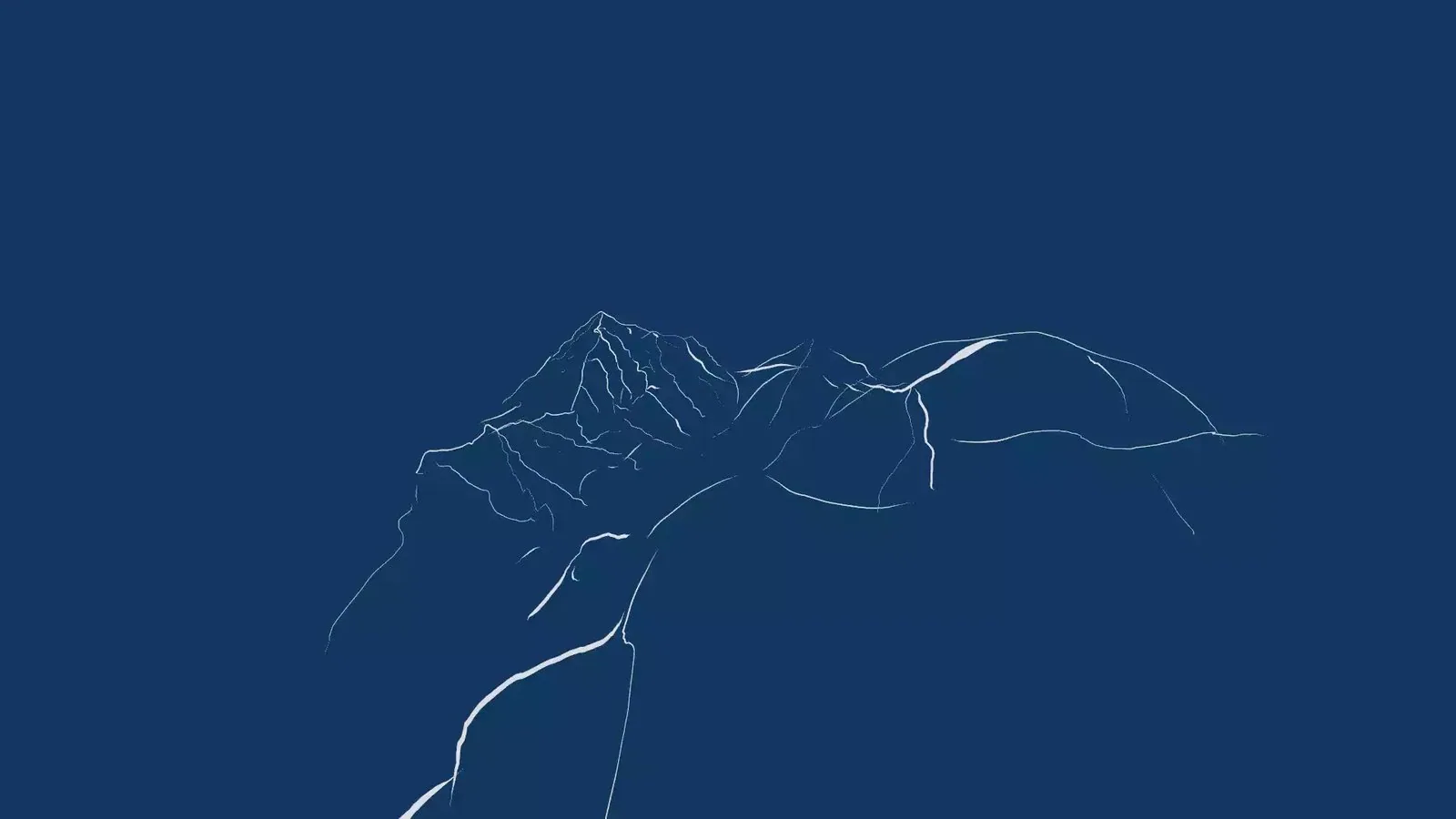 Dibujo de línea blanca sobre azul oscuro: una montaña con nieve resuelta solo con el contorno y las quebradas que bajan.