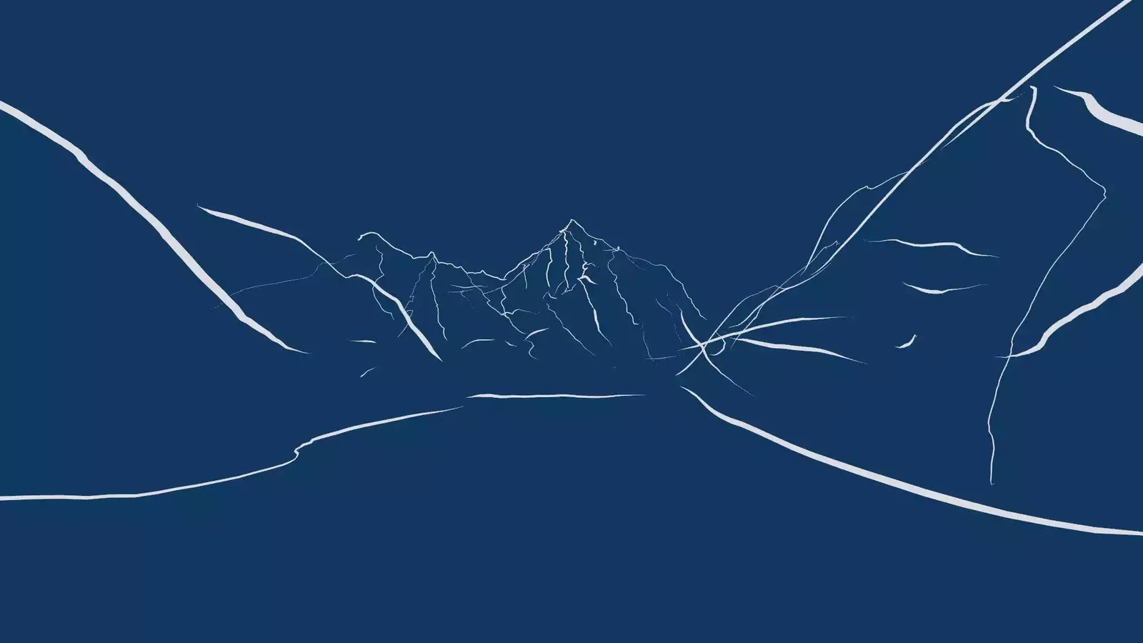 Dibujo de línea blanca sobre azul oscuro: la cordillera vista desde el fondo de un valle, entre dos laderas que se abren en primer plano.