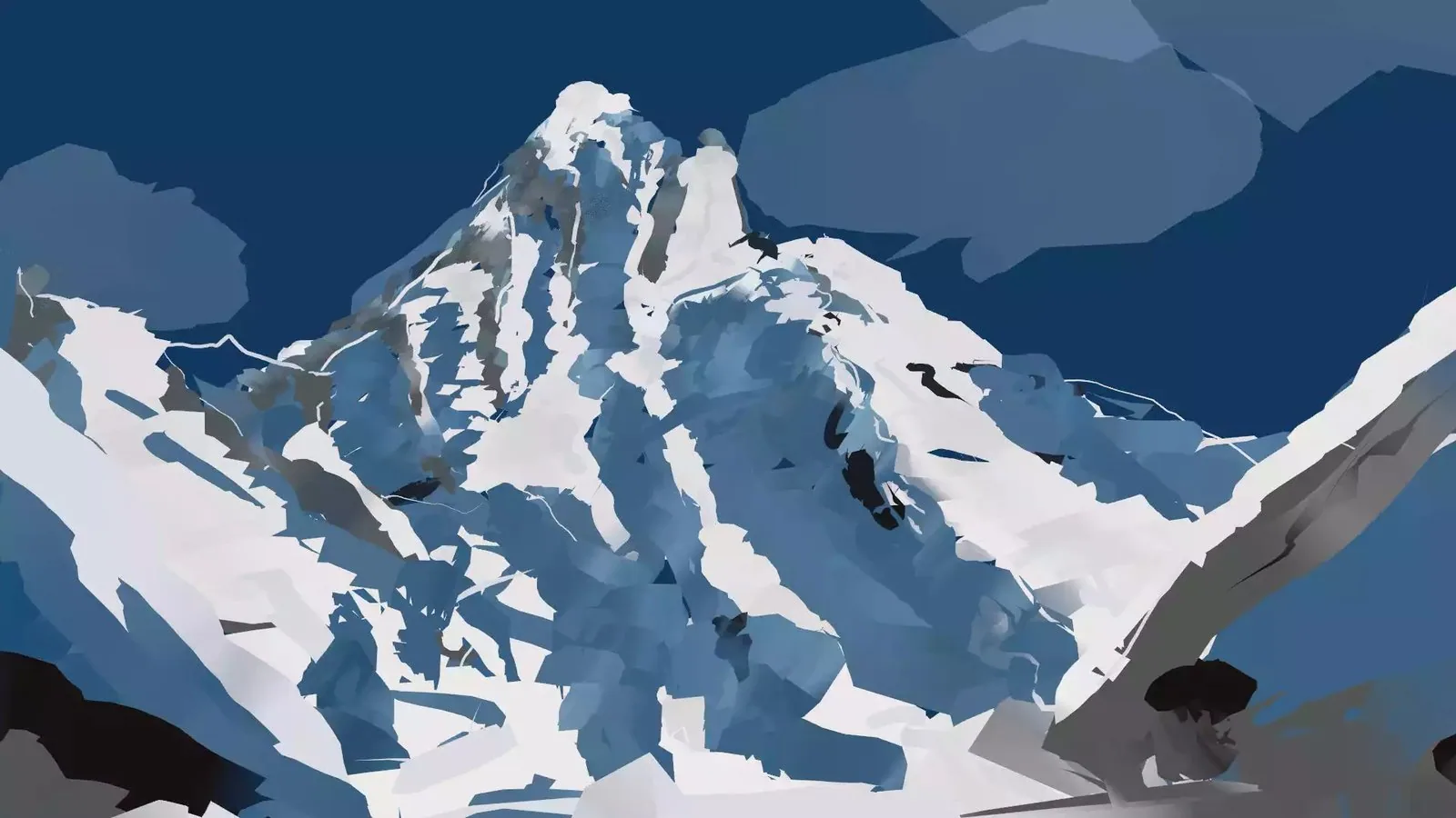 Pintura digital de una montaña nevada en manchas planas de azul, gris y blanco, contra un cielo azul profundo.