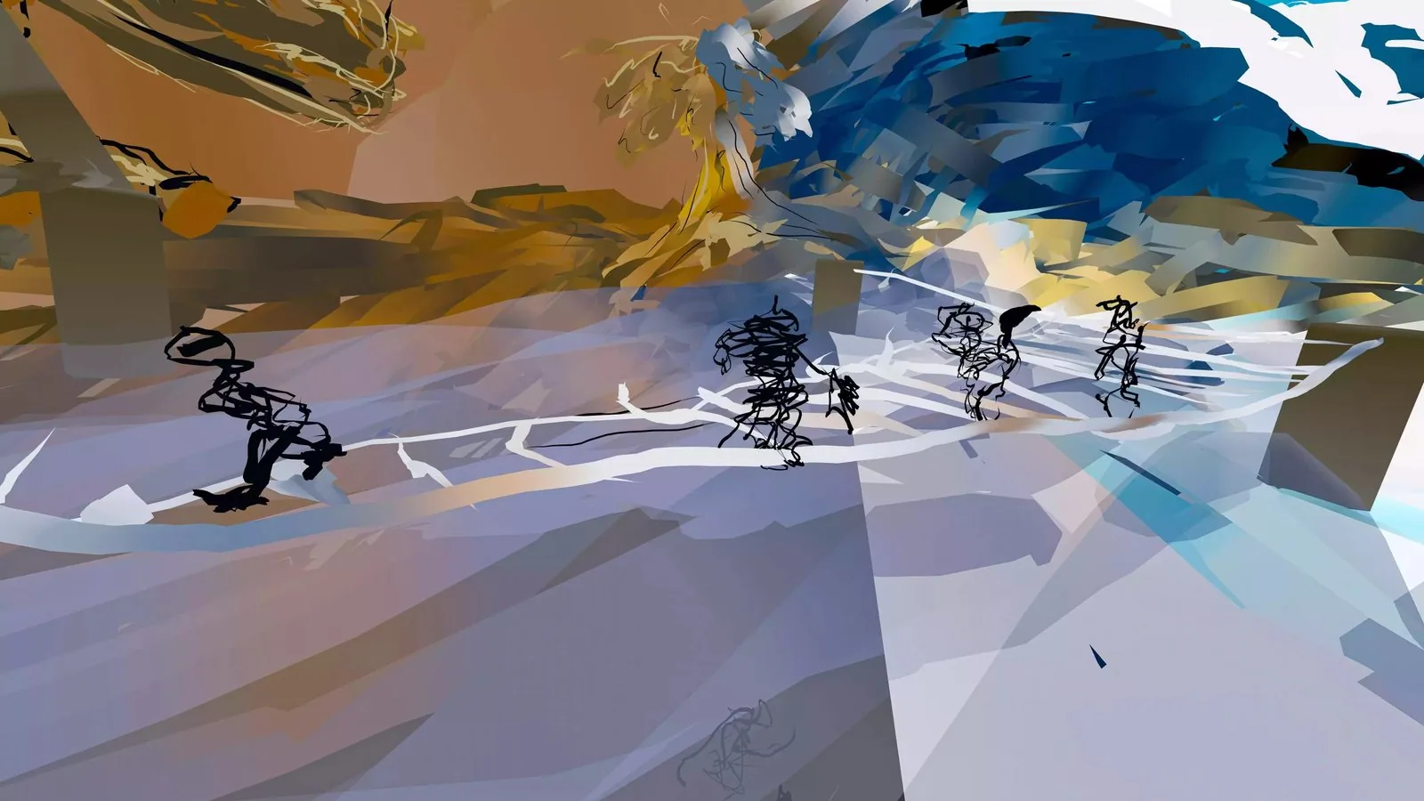 Escena de la obra: cinco figuras hechas con garabatos negros cruzan una llanura de hielo mientras, al fondo, el agua azul entra sobre un terreno ocre.