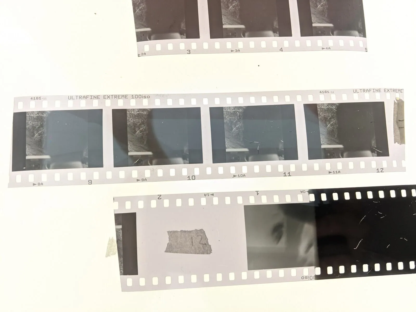 Strisce di pellicola 35 mm sviluppate su un fondo bianco, con i fotogrammi delle fotografie rifotografate.