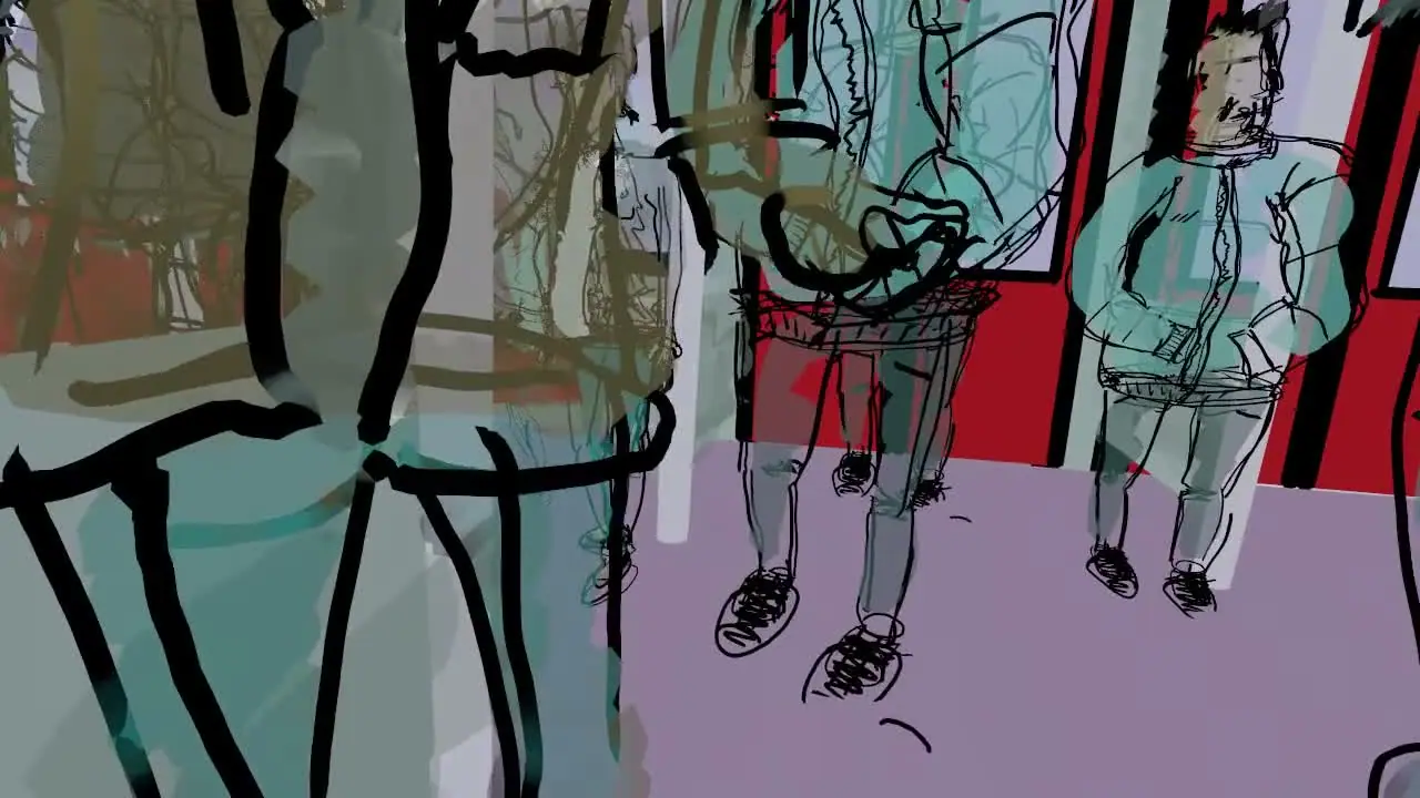 Inquadratura dal basso tra i corpi e le gambe dei passeggeri disegnati a tratto 3D