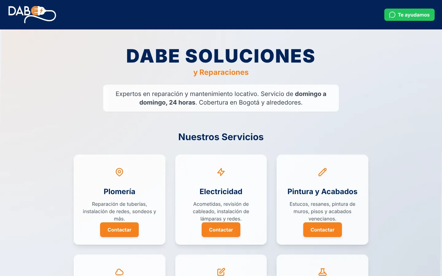 La portada de DABE Soluciones y Reparaciones: el nombre en azul oscuro, la frase de servicio de domingo a domingo y tres bloques de servicios, Plomería, Electricidad y Pintura y acabados.