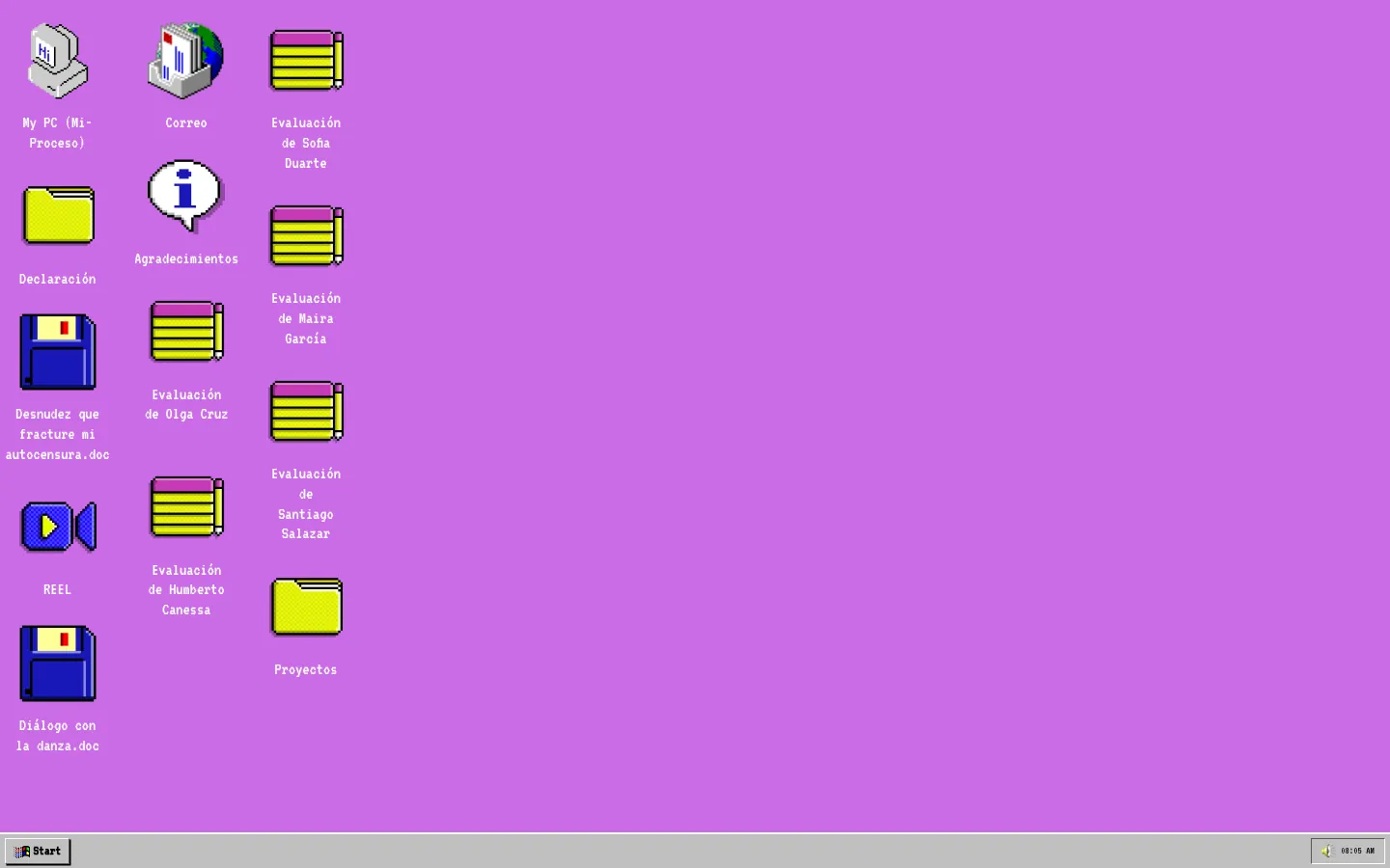 Un escritorio de Windows 95 sobre fondo violeta, con íconos pixelados: My PC, Correo, Agradecimientos, Declaración, documentos, REEL, evaluaciones y Proyectos, y la barra de tareas con el botón Start.